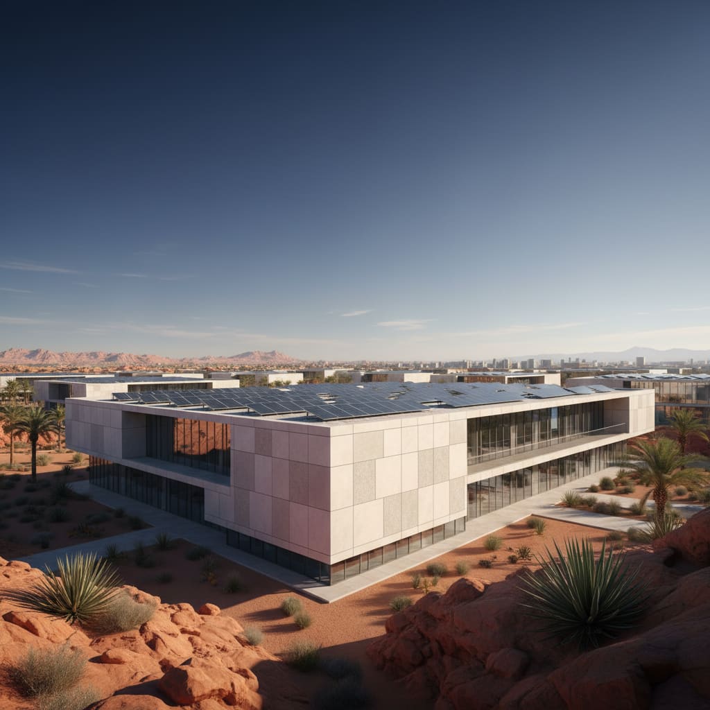 Modern Doha building with rooftop solar panels