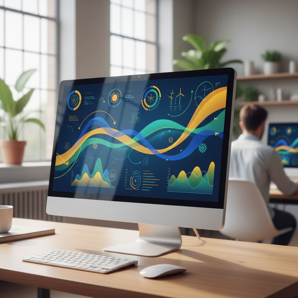 Office scene showing solar energy charts on a computer screen