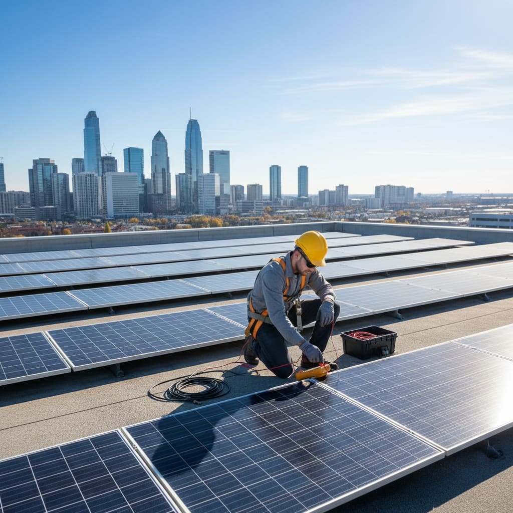 Technician inspecting rooftop solar panels in Doha