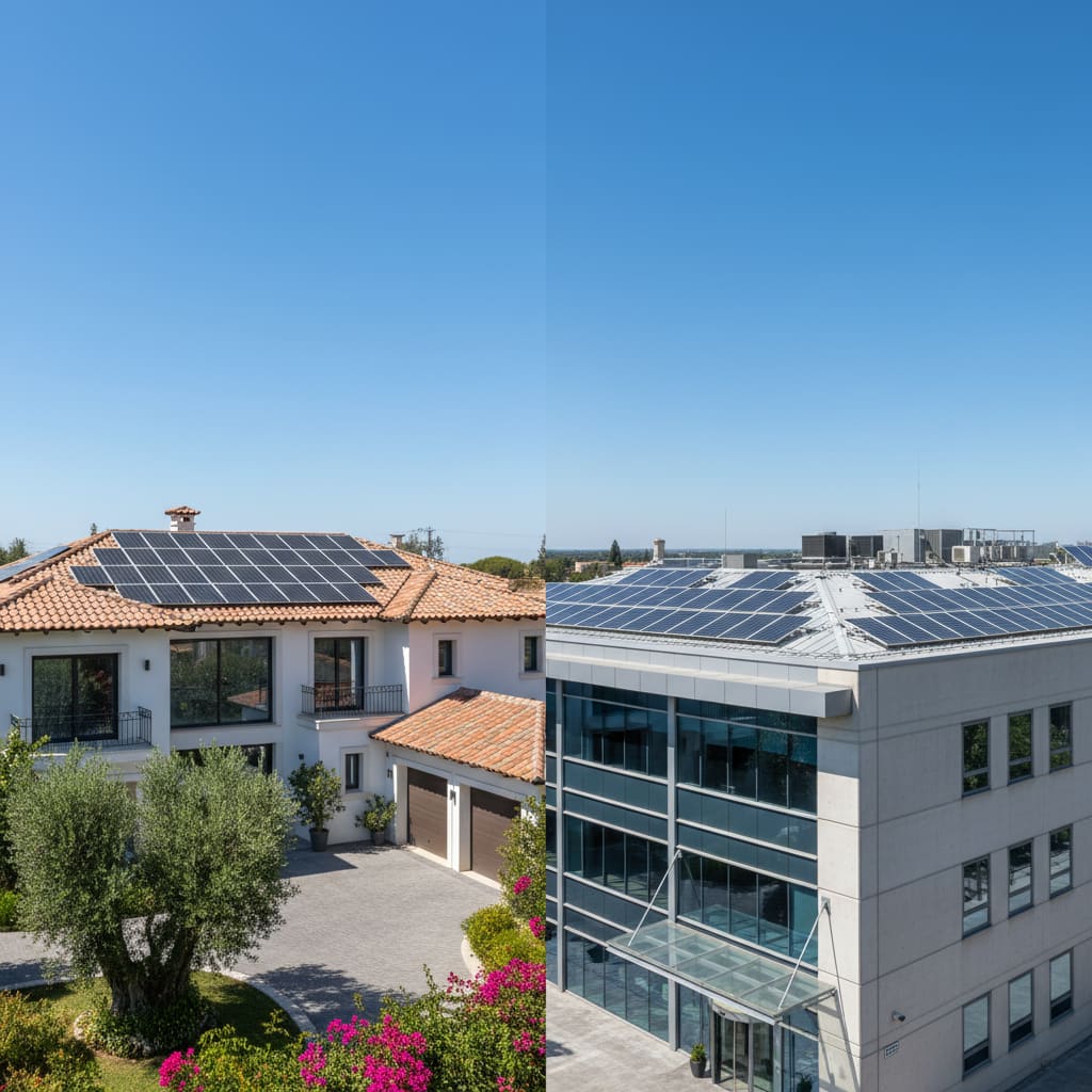 Residential villa and commercial building both with rooftop solar panels